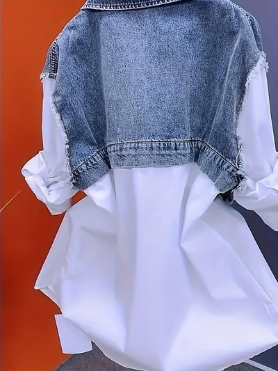 Women's Denim Jacket with White Puffed Sleeves & "SAUL BE ALRIGHT" Patch - Casual Button-Front Korean Streetwear Coat, Machine-Washable All-Season Layering Piece for Women