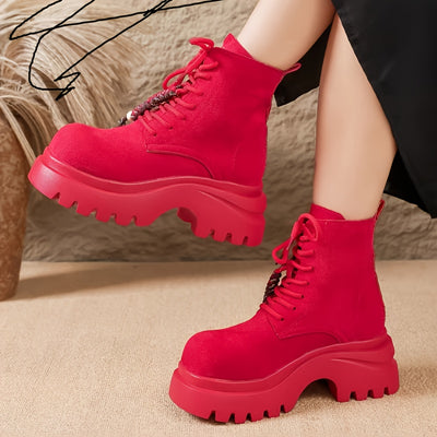 Women'S Chunky Platform Ankle Boots - Mustard Yellow Lace-Up Boots with Non-Slip Rubber Sole, Round Toe & Thick Heel for Casual & Formal Outfits - Spring/Fall Fashion Footwear, High Heel Boots, Versatile Footwear, Durable Con