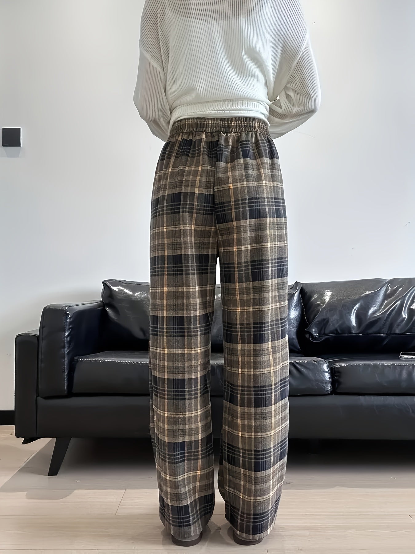 Women's Black & White Plaid Wide-Leg Pants - All-Season Loose Trousers with Drawstring Waist, Non-Transparent Casual Everyday & Formal Outfits, Machine Washable Elegant Pants for Women, Comfortable Clothing, Korean Fashion St