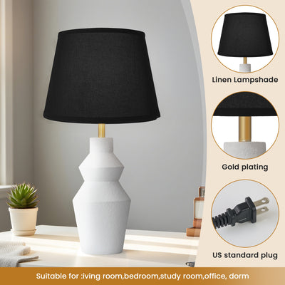 Modern Farmhouse Table Lamp with White Cement Base & Black Linen Shade - Rustic Single Bedside Lamp with Switch, Sturdy for Bedroom, Living Room, Office - Compatible with E27 (Bulb Not Included) - Ideal Housewarming Gift, Min
