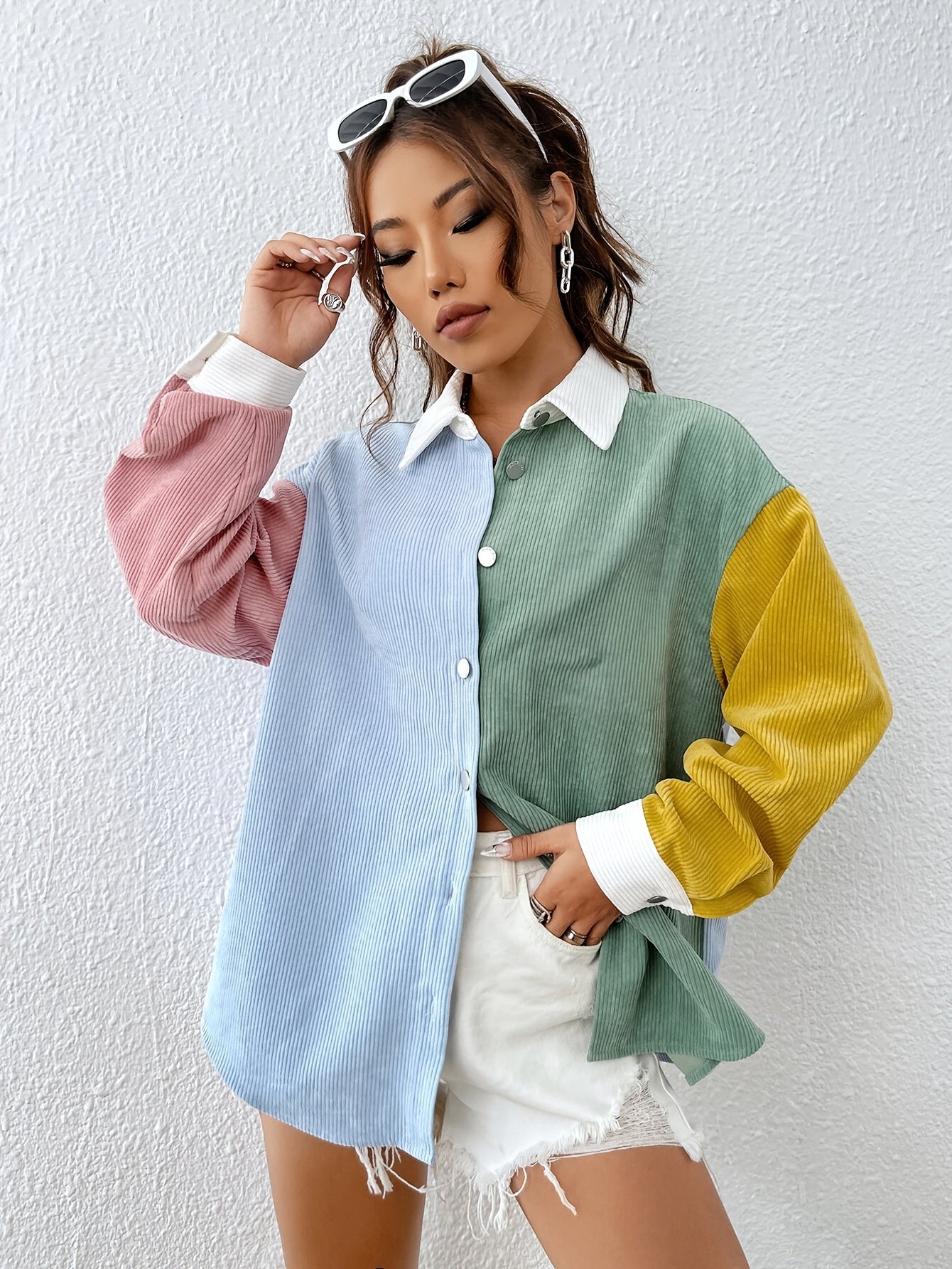 Color Block Button Front Shirt, Casual Long Sleeve Drop Shoulder Shirt For Spring & Fall, Women's Clothing