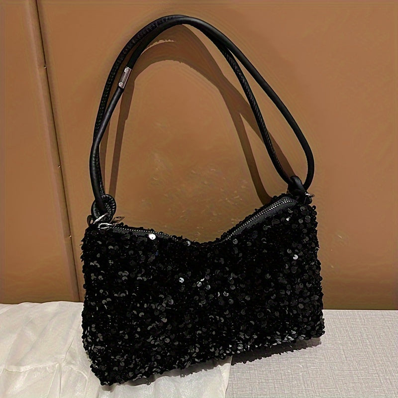 Urban Essentials, Chic Black Sequin Shoulder Bag for Women - Trendy Korean Style, Lightweight Nylon Handbag with Fixed Strap and Zip Closure, Polyester Lined