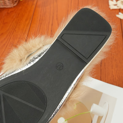 Versatile Korean Style Furry Square Head Flat Slippers - Women's Shoes for Outdoor and Indoor Wear xyns-2866