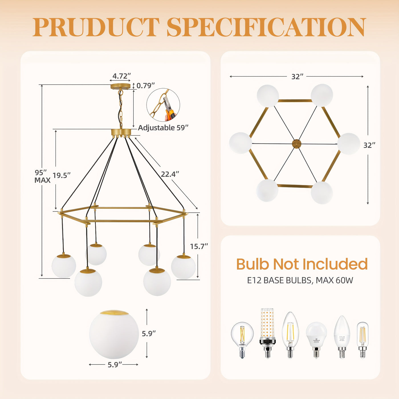 6-Light Modern Chandelier For Dining Room, Sputnik Ceiling Light Fixture With White Glass Globe Bubble, Adjustable Mid Century Chandelier Foyer Chandeliers For High Ceilings