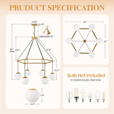 6-Light Modern Chandelier For Dining Room, Sputnik Ceiling Light Fixture With White Glass Globe Bubble, Adjustable Mid Century Chandelier Foyer Chandeliers For High Ceilings