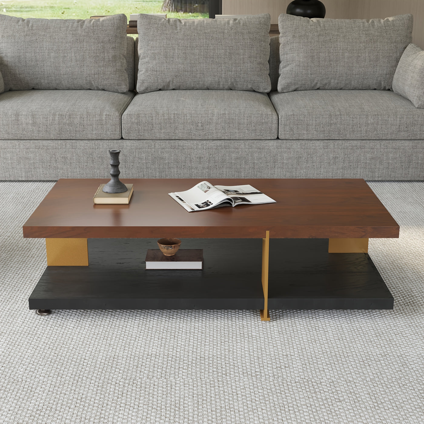 Modern Black Wood Coffee Table with 2-Tier Storage Shelves - Mid-Century Design Center Table for Living Room, Office, or Apartment (47.24" x 15.75" x 13"), Living Room Furniture | Clean Line Furniture | Highdensity Fiberboard