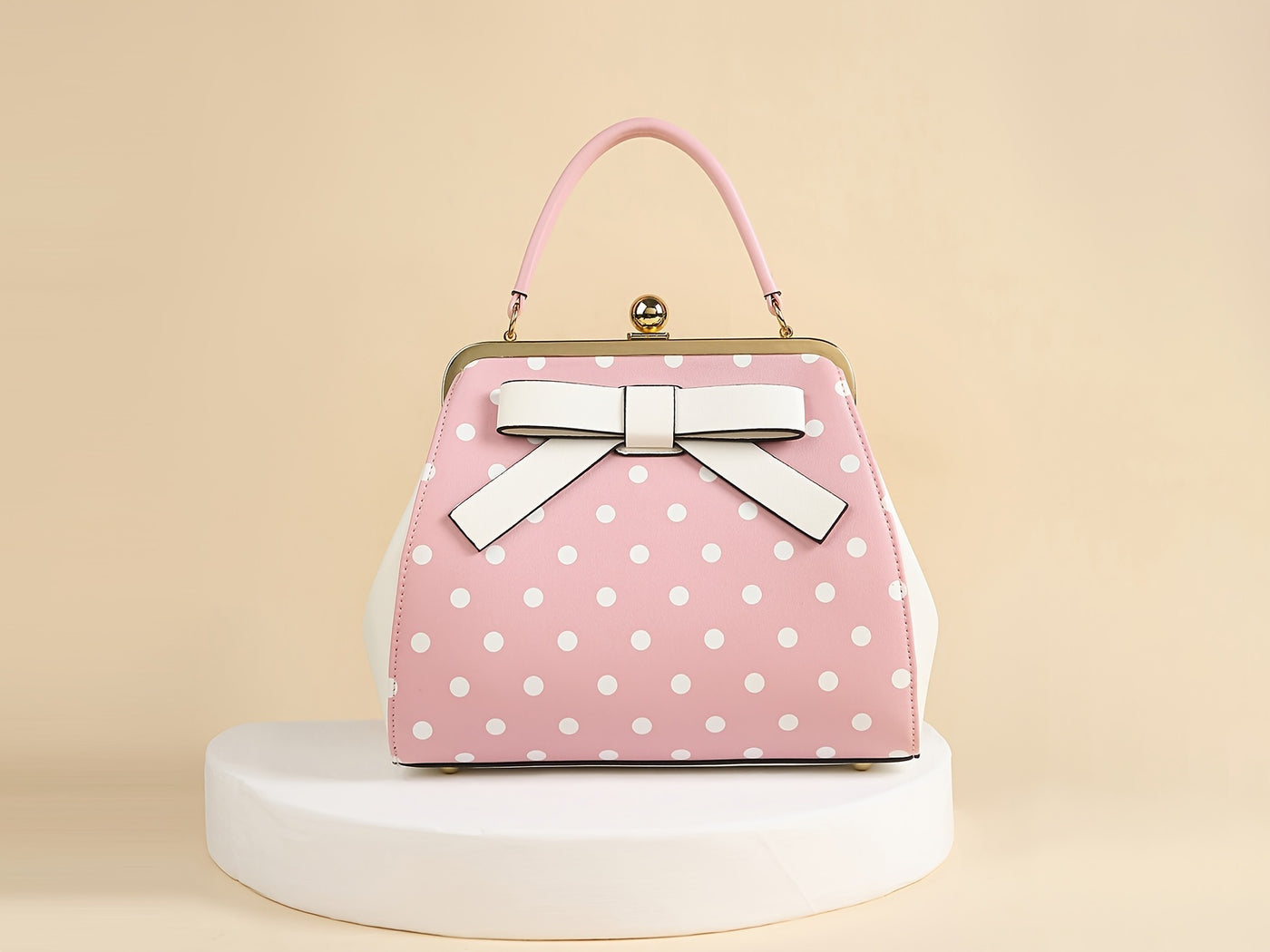 [Elegant Handbag] High Quality Lacquered Handbag | 2024 Autumn New Korean Polka Dot for Women - Kiss Lock Closure, Removable Shoulder Strap & Bow Detail, Glossy Patent Look (Black/White, Bronze, Pink & White) - Perfect for We