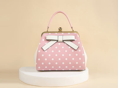 [Elegant Handbag] High Quality Lacquered Handbag | 2024 Autumn New Korean Polka Dot for Women - Kiss Lock Closure, Removable Shoulder Strap & Bow Detail, Glossy Patent Look (Black/White, Bronze, Pink & White) - Perfect for We
