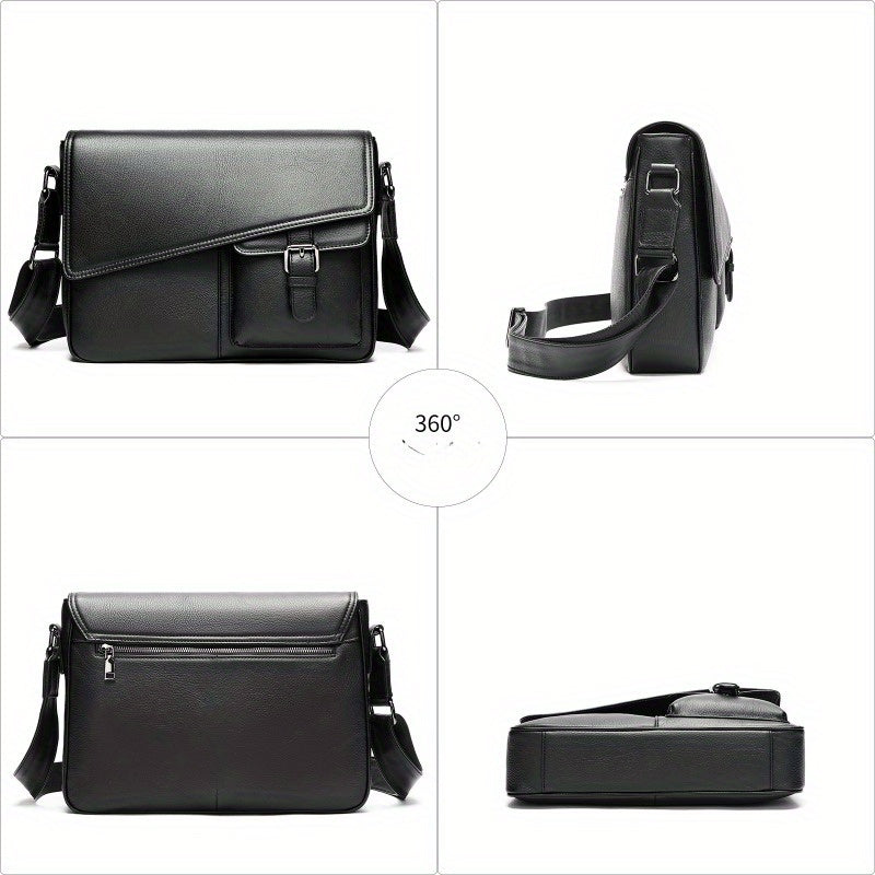 Genuine Leather Unisex Crossbody Messenger Bag - Sleek Minimalist Design with Adjustable Strap, Multiple Compartments & Metal Hardware, Black for Men & Women, Casual & Professional Use, Versatile Travel Purse | Korean Fashion