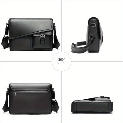 Genuine Leather Unisex Crossbody Messenger Bag - Sleek Minimalist Design with Adjustable Strap, Multiple Compartments & Metal Hardware, Black for Men & Women, Casual & Professional Use, Versatile Travel Purse | Korean Fashion