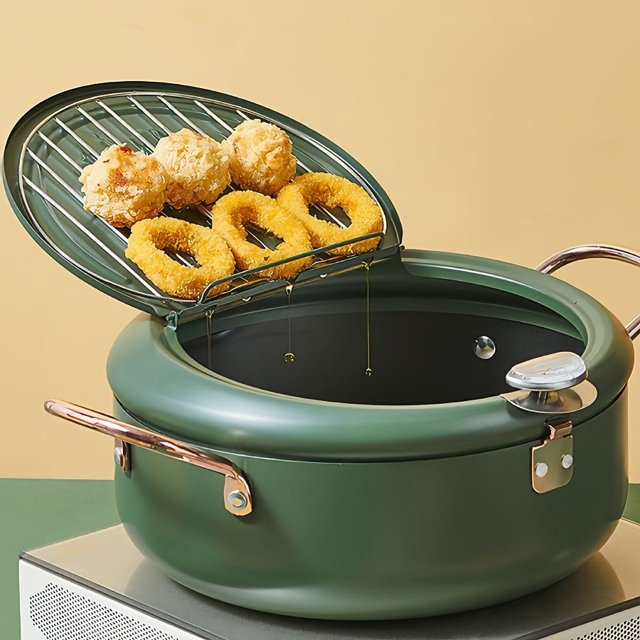 Deep Fryer Pot, 4.3L/11 Inch Japanese Tempura Frying Pot with Fahrenheit Thermometer, Nonstick Carbon Steel Oil Fryer, for Tempura/Frech/Fish/Chicken Fries, Easy Clean, Green