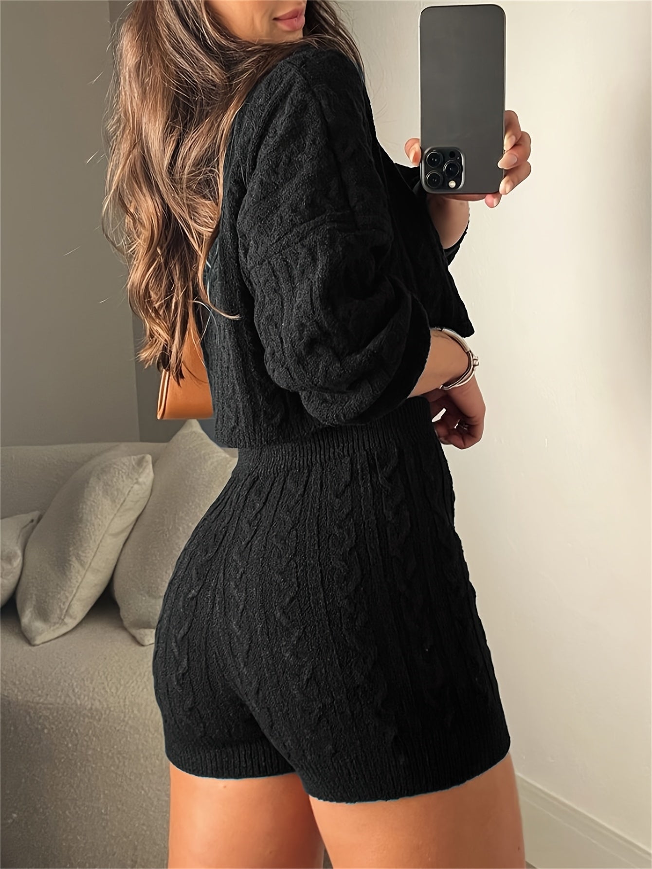 A Two-Piece Set Featuring a Round-Neck Long-Sleeve Cable- Cropped Sweater And High-Waisted Shorts for .