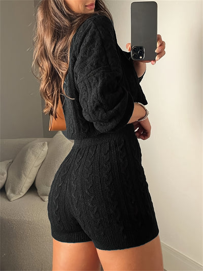 A Two-Piece Set Featuring a Round-Neck Long-Sleeve Cable- Cropped Sweater And High-Waisted Shorts for .