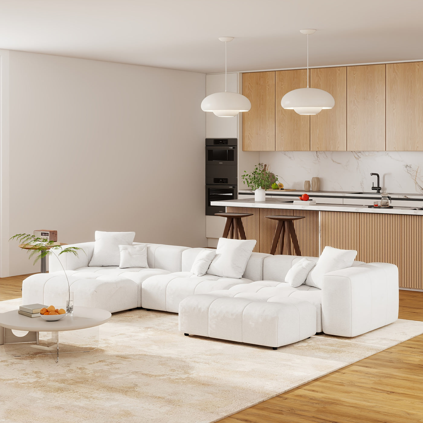 144" Modern White Linen Modular Sectional Sofa with 2 Ottomans - 3-Seater L-Shaped or U-Shaped Configurations, Plush Cushioned Deep Seat, Hardwood Frame & Chenille Fabric, Removable Washable Cover, Neutral-Toned Living Room C