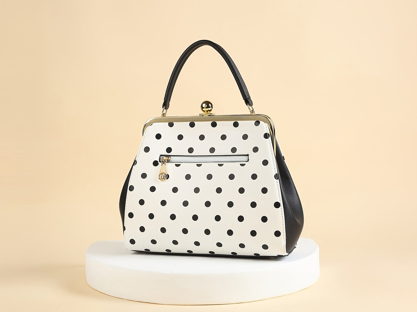 [Elegant Handbag] High Quality Lacquered Handbag | 2024 Autumn New Korean Polka Dot for Women - Kiss Lock Closure, Removable Shoulder Strap & Bow Detail, Glossy Patent Look (Black/White, Bronze, Pink & White) - Perfect for We