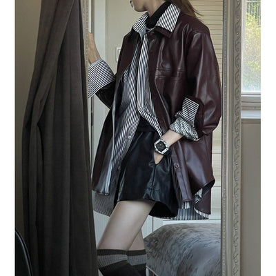 Grape Purple PU Leather Coat Women's Retro
