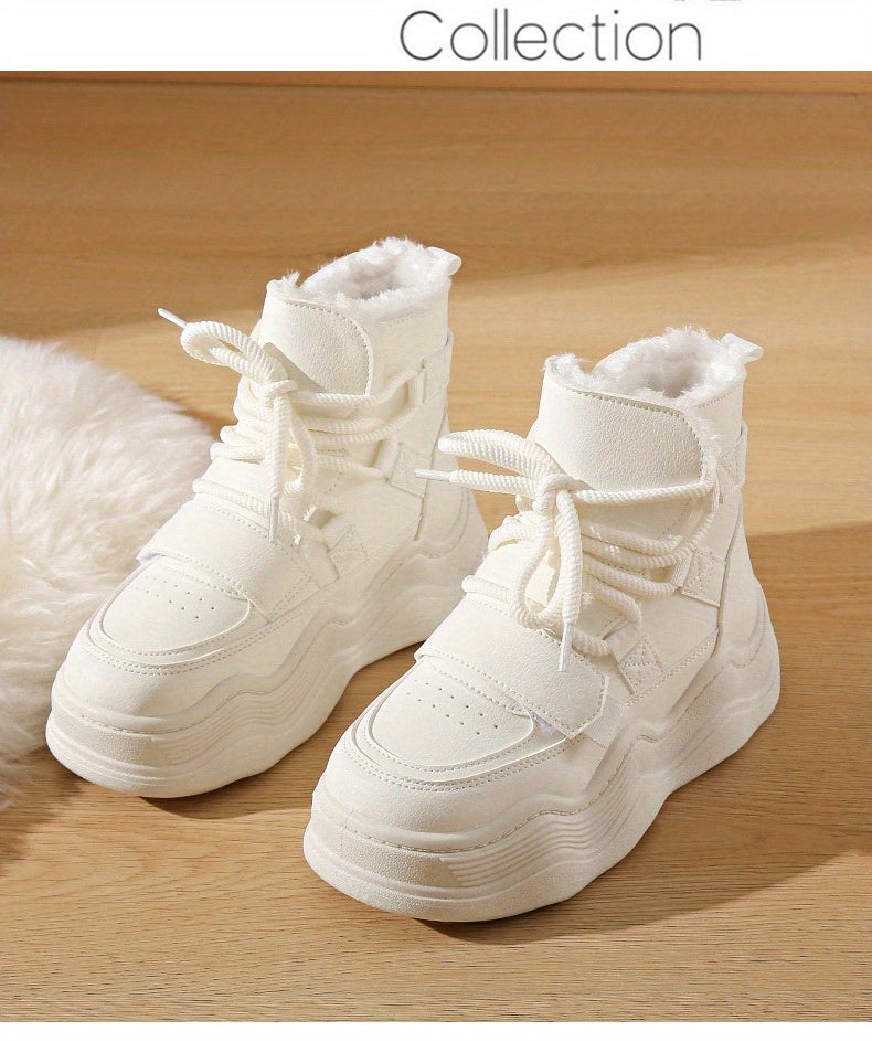 2024 Winter Fleece-Lined White Sneakers - Korean Style Insulated Women'S High-Top Lace-Up Shoes, Thick-Soled Casual & Sports Shoes with PU Upper, Rubber Sole, and Breathable Fabric Lining for Cold Weather Comfort, Casual Foot