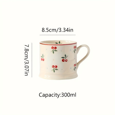 1pc Cute Korean-Style Cherry Ceramic Mug - Vibrant Red Cherry & Green Leaf Design, White with Blue Dots Background - Perfect for Coffee, Tea, Milk, and Afternoon Tea - Handwash Only, Reusable & High-Quality Gift Cup for Home,