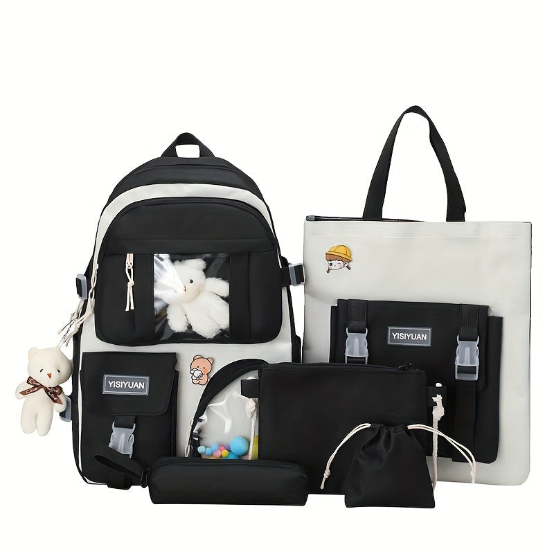 New Five-piece Backpack Korean Version Of The School Bag Women's Lightweight Harajuku Ins Casual Backpack Cute Bear Pendant Backpack