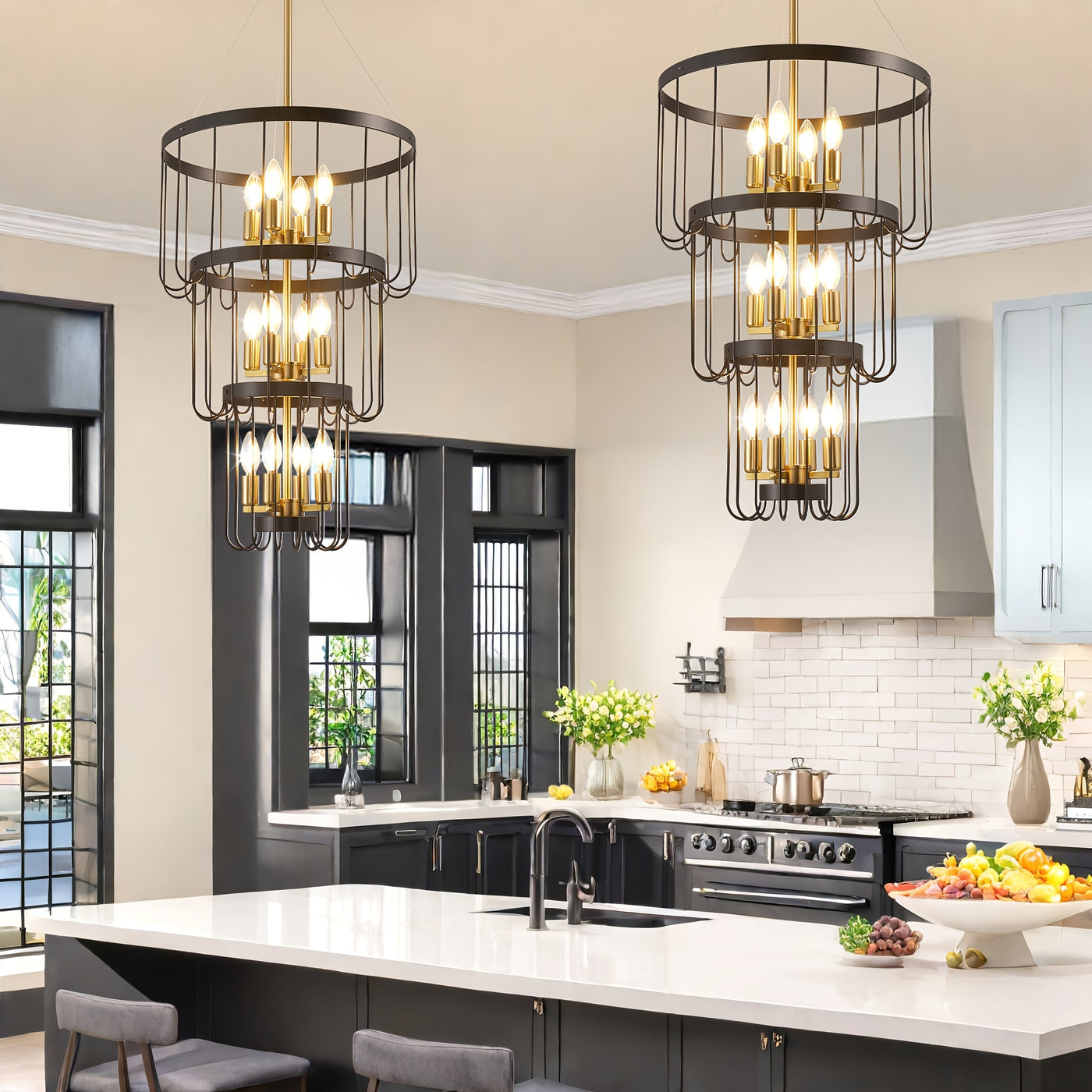 18 Inch Farmhouse Chandelier - 12-Light Adjustable Tiered Pendant Light Fixture, Black & Golden Modern Rust-Resistant Metal Lantern for Entryway, Staircase, Foyer, Dining Room - Semi-Flush Mount, E12 Bulb Compatible (Bulbs No