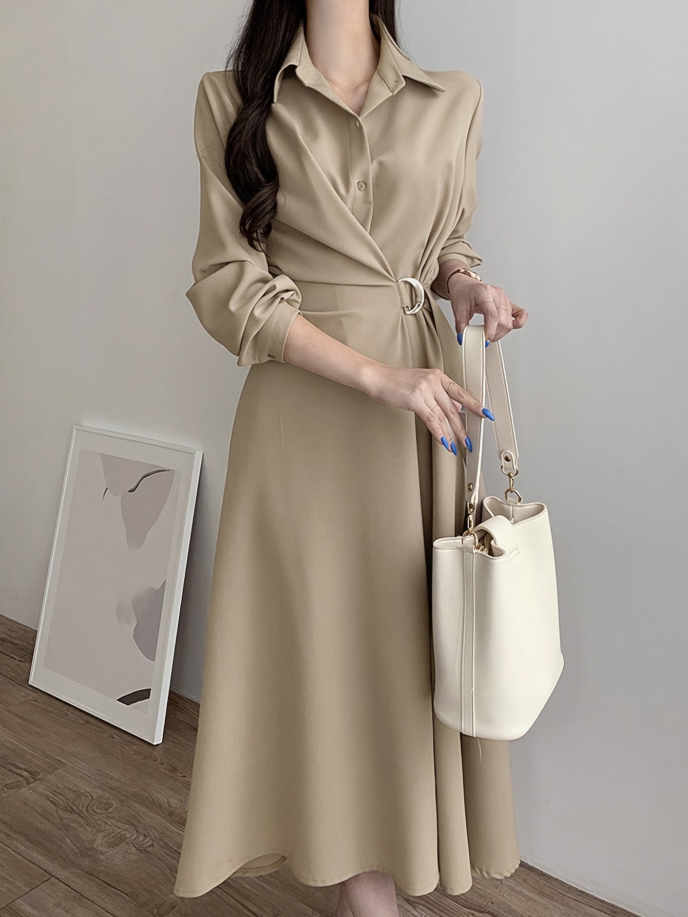 Women's Elegant Solid Color Mid-Length Dress with Shirt Collar, Side Tie Waist, Long Sleeves, Button Detail, A-Line Silhouette, Polyester, Spring/Autumn Fashion, Korean Style