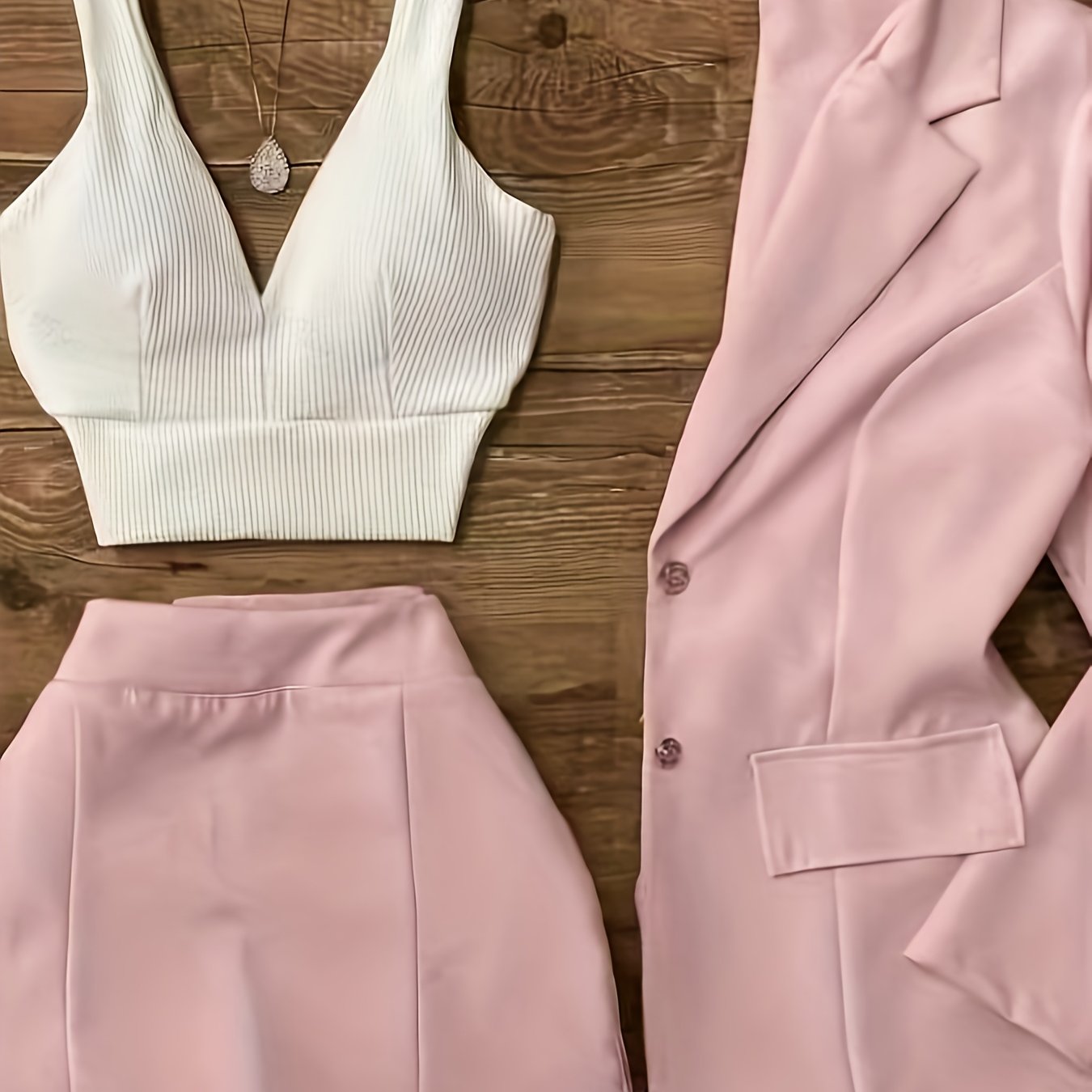 Chic V-Neck Crop Top, Versatile Pants Skirt & Long Sleeve Blazer Three-Piece Set - Polyester Blend, Solid Color, Pockets, Perfect for Spring/Summer, Chic Outfit