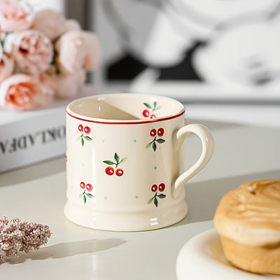 1pc Cute Korean-Style Cherry Ceramic Mug - Vibrant Red Cherry & Green Leaf Design, White with Blue Dots Background - Perfect for Coffee, Tea, Milk, and Afternoon Tea - Handwash Only, Reusable & High-Quality Gift Cup for Home,