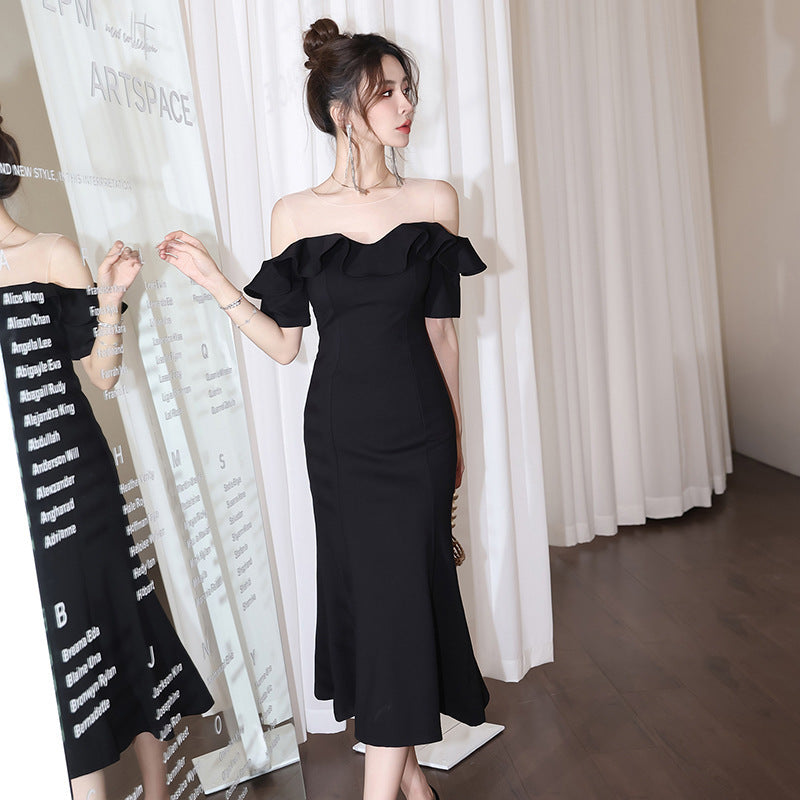 Net Falbala Stitching Black Dress Temperament
