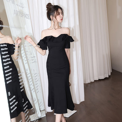 Net Falbala Stitching Black Dress Temperament