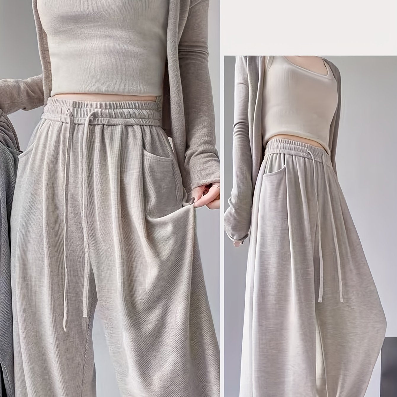 Women's Elegant Winter Pants - Soft Tapered Leg Wide-Leg Trousers with Drawstring Waist & Side Pockets - Loose-Fit Solid Grey/Beige/Black/Brown/Blue/Red/White/ - Machine Washable Formal & Everyday Pants for Fall & Winter - Re