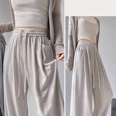 Women's Elegant Winter Pants - Soft Tapered Leg Wide-Leg Trousers with Drawstring Waist & Side Pockets - Loose-Fit Solid Grey/Beige/Black/Brown/Blue/Red/White/ - Machine Washable Formal & Everyday Pants for Fall & Winter - Re