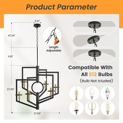 6-Light Black Chandelier for High Ceilings - Modern Adjustable Geometric Metal Fixture with Powder-Coated Finish, Semi-Flush Mount Entryway & Dining Room Lighting, E12 Bulb Compatible, No Assembly Required, Staircase Illumina