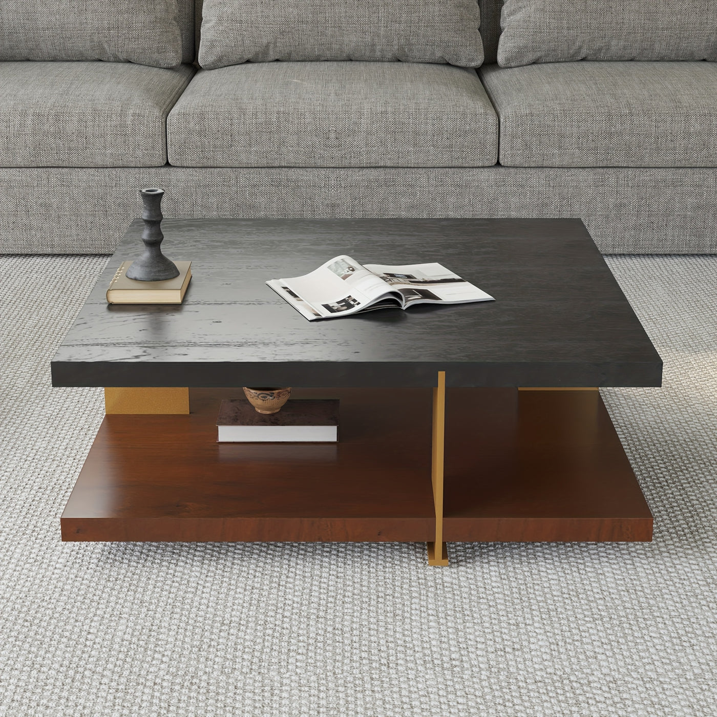 Wood Coffee Table - Mid Century Modern Square Coffee Table With Storage Shelf, 2-Tier Coffee Table Center Table For Living Room Office Apartment, 35.43"