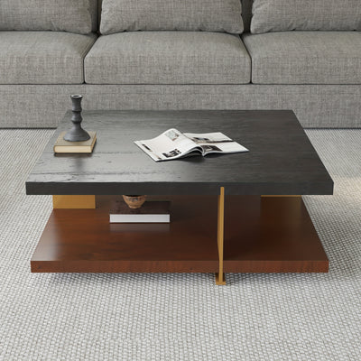Wood Coffee Table - Mid Century Modern Square Coffee Table With Storage Shelf, 2-Tier Coffee Table Center Table For Living Room Office Apartment, 35.43"