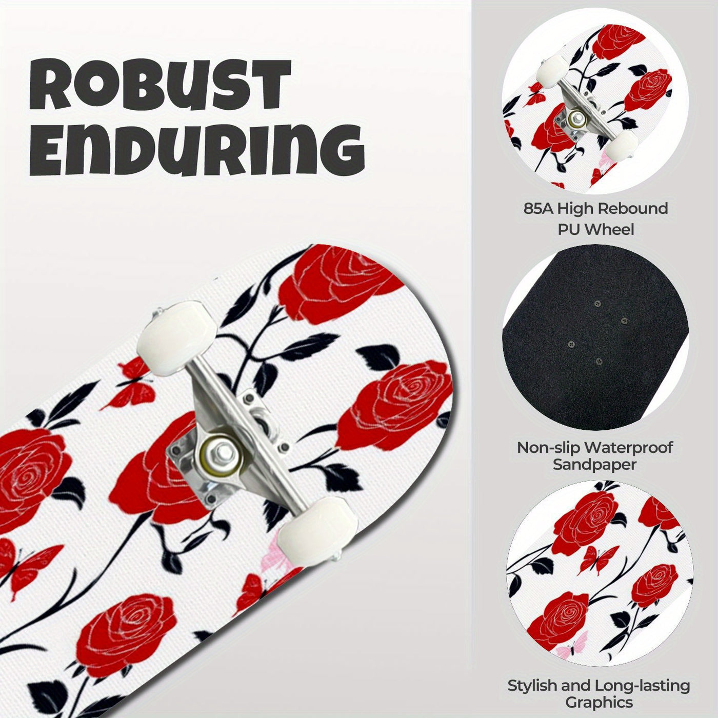 Advanced Maple Skateboard - 7-Layer Recycled Wood Deck with Double Kick Concave Panel, Precision Bearings Red Roses and Pink Butterflies Floral Pattern on White Background All Skill Levels, Multi-Functional for Skateboarding,
