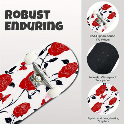 Advanced Maple Skateboard - 7-Layer Recycled Wood Deck with Double Kick Concave Panel, Precision Bearings Red Roses and Pink Butterflies Floral Pattern on White Background All Skill Levels, Multi-Functional for Skateboarding,