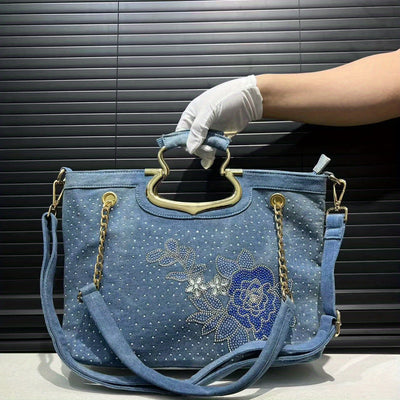 Ladies' Fashionable Inlaid Elegant Handbag, Floral Pattern Street Style Y2K Spicy Printed Shoulder Bag, Suitable for Work, Commuting, Dating, Parties, Gradient Diamond Decoration Shoulder Bag