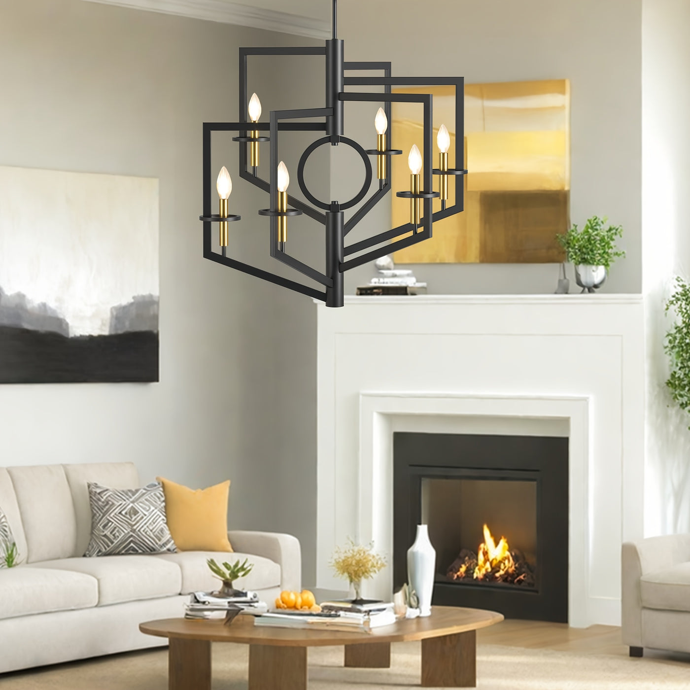 6-Light Black Chandelier for High Ceilings - Modern Adjustable Geometric Metal Fixture with Powder-Coated Finish, Semi-Flush Mount Entryway & Dining Room Lighting, E12 Bulb Compatible, No Assembly Required, Staircase Illumina