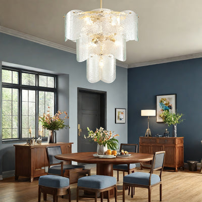 24" Modern Golden Chandelier with 8 Light Bulbs - Adjustable Round Glass Pendant for Dining Room, Kitchen Island, or Farmhouse Decor, Rustic Lighting Fixture with Polished Metal Finish, E12 Base, Compatible with LED/CFL Bulbs