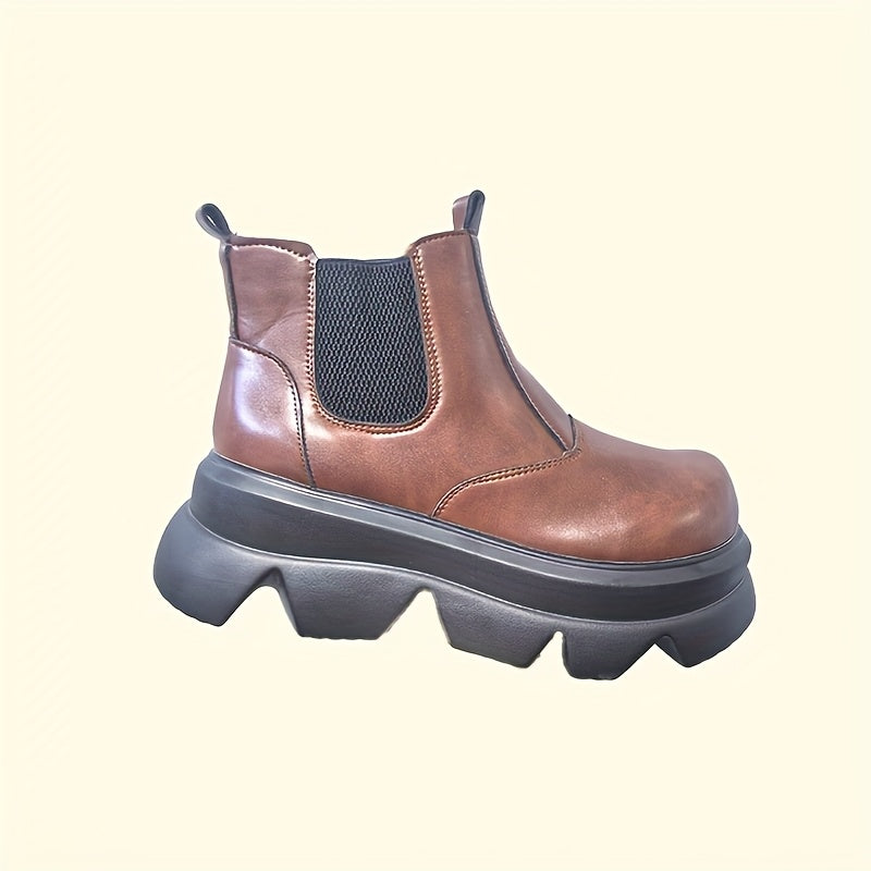 Women's Slip-On Chunky Platform Ankle Boots - Round Toe Winter Casual Shoes with Faux Cover & Fabric Upper, Thick Rubber Sole for Warmth & Traction, Versatile for Everyday & Semi-Formal Outfits, Durable Traction Footwear