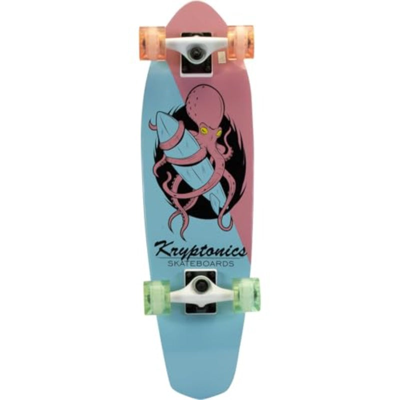 Skateboard with Durable Maple Deck & Smooth Urethane Wheels - Lightweight All-Skill Board for Beginners & Experts, Pastel Blue & Pink Octopus Graphic Design, White Trucks & Green Bearings - Ideal for Cruising, Tricks, Smooth