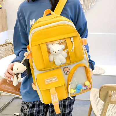 New Five-piece Backpack Korean Version Of The School Bag Women's Lightweight Harajuku Ins Casual Backpack Cute Bear Pendant Backpack