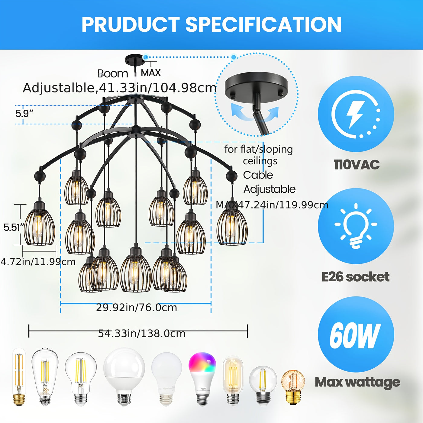 5/7/13-Light Modern Industrial chandelier - Matte Black linear pendant light with Adjustable height, Semi-Flush mounting, Heavy-Duty Metal Construction for Kitchen Island, Dining Room, Living Room, Bedroom - Compatible with d