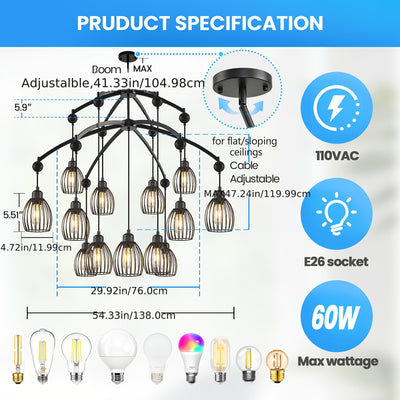 5/7/13-Light Modern Industrial chandelier - Matte Black linear pendant light with Adjustable height, Semi-Flush mounting, Heavy-Duty Metal Construction for Kitchen Island, Dining Room, Living Room, Bedroom - Compatible with d