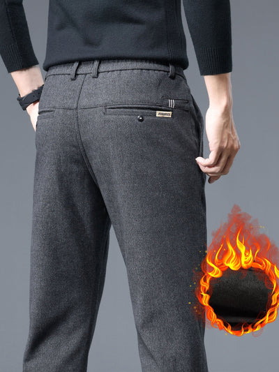 Men's Thermal Padded Slim Fit Trousers, 8891# Winter Woolen Men's Pants, Korean Style Business Casual, Polyester Blend, Regular Length, Zipper Closure, Straight Leg, Mid-Waist, Embroidery Detail, 420gsm