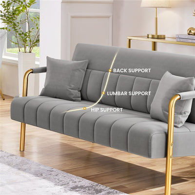Costoffs Velvet Fabric Sofa Couch, 56.5″ W Modern Loveseat Couch with Gold-tone Metal Arms, Legs & 2 Pillows, Sofa for Living Room, Bedroom Furniture, Halloween Gift, Pink/Green/Gray