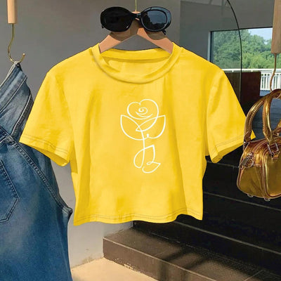 Red Rose Print Cropped T-Shirt