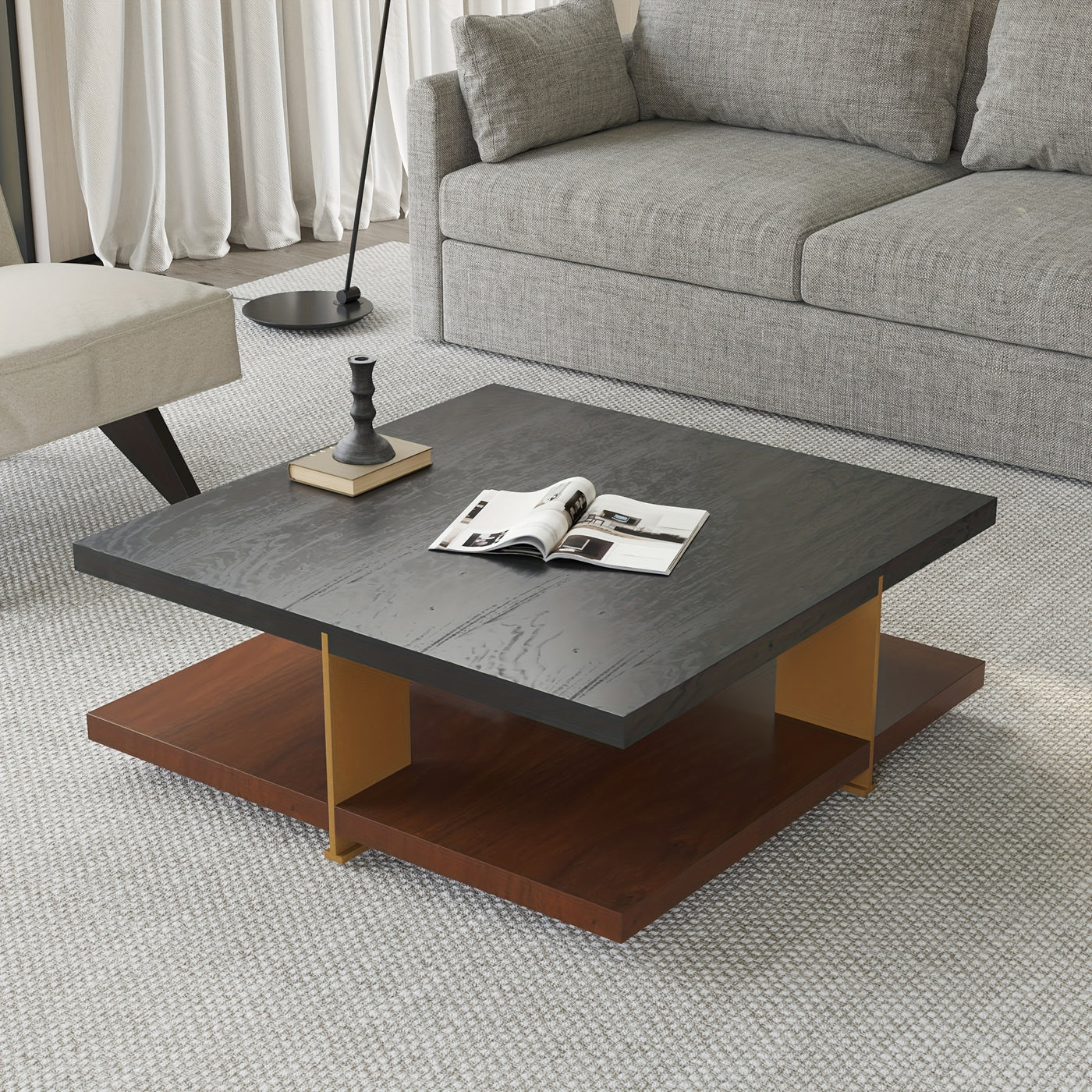 Wood Coffee Table - Mid Century Modern Square Coffee Table With Storage Shelf, 2-Tier Coffee Table Center Table For Living Room Office Apartment, 35.43"