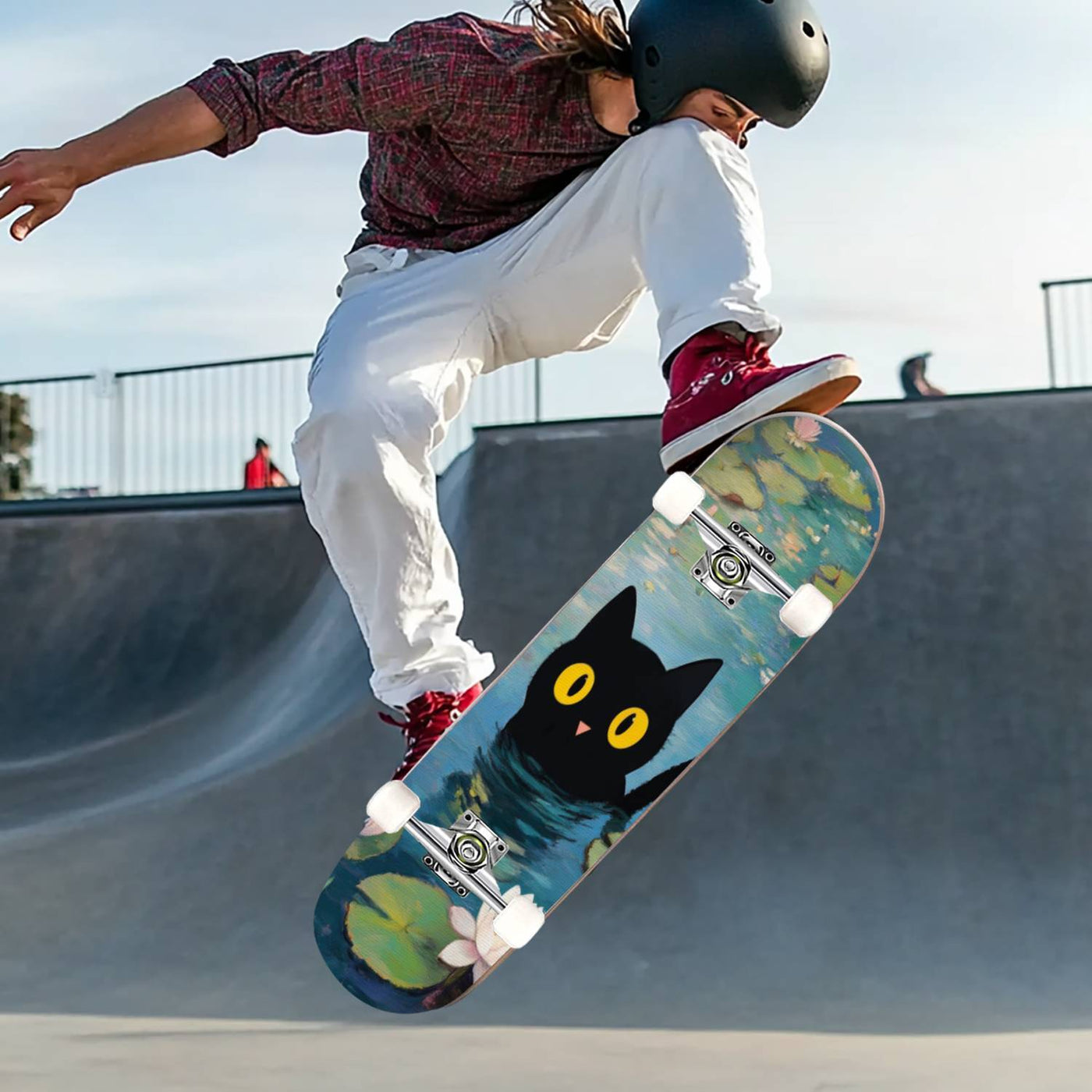 Black Cat Graphic Skateboard with Vibrant Street Art Design - Double Kicktail, ABEC-7 Bearings & Grip Tape for All Skill Levels - Durable Beginner to Pro Skateboard - Perfect Holiday Gift, Skateboarding for Fun, Playful Skate