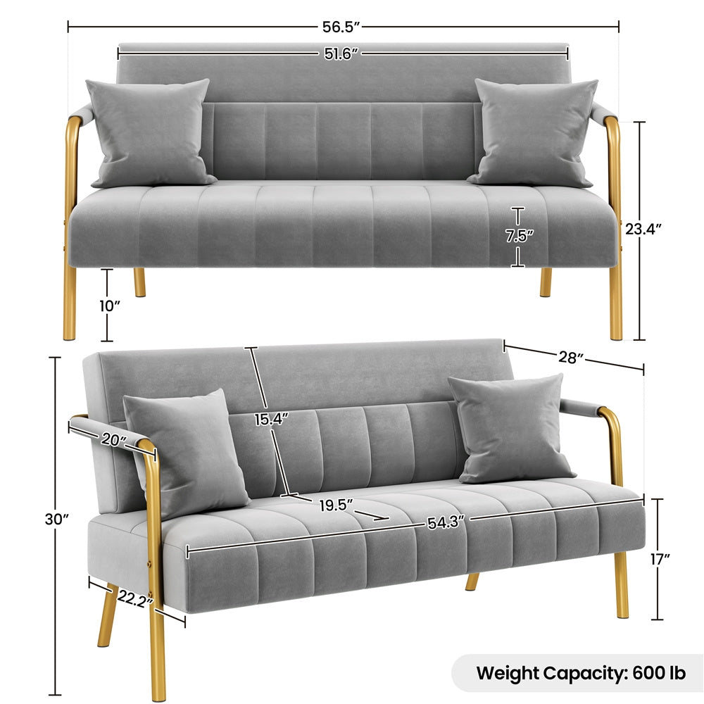 Costoffs Velvet Fabric Sofa Couch, 56.5″ W Modern Loveseat Couch with Gold-tone Metal Arms, Legs & 2 Pillows, Sofa for Living Room, Bedroom Furniture, Halloween Gift, Pink/Green/Gray